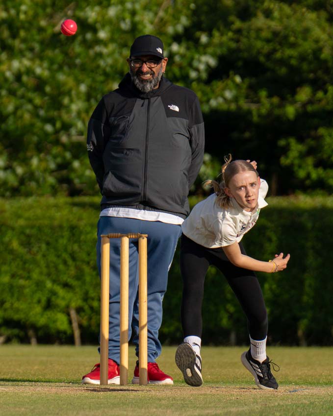 Luna Jones bowling hard at Uppingham Town Cricket Club Hundred game in May 2025