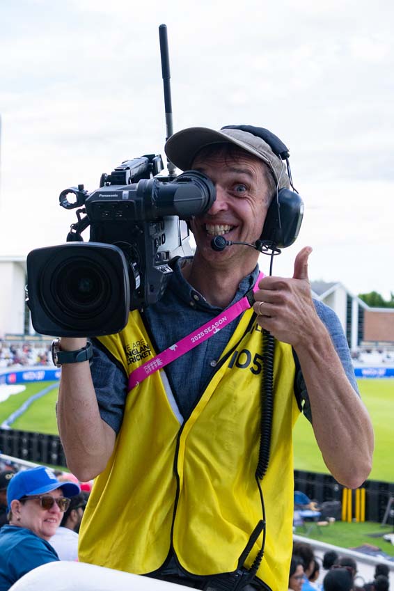 TV cameraman having his photo taken at the England Women's cricket match against India at Durham Chester-le-Street