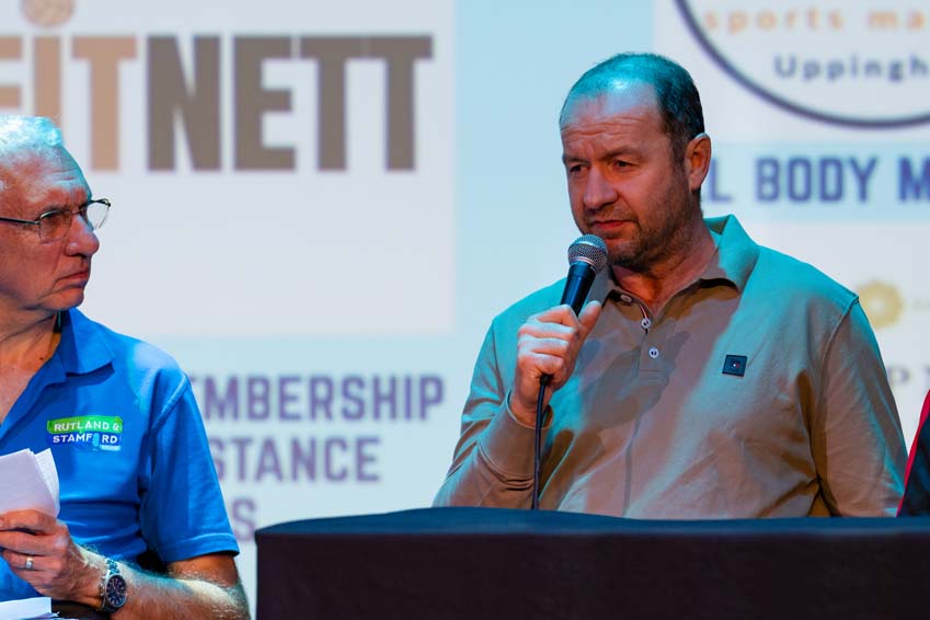 Geordan Murphy Leicester Tigers Ireland Rugby answering audience questions at the Stamford Corn Exchange Theatre