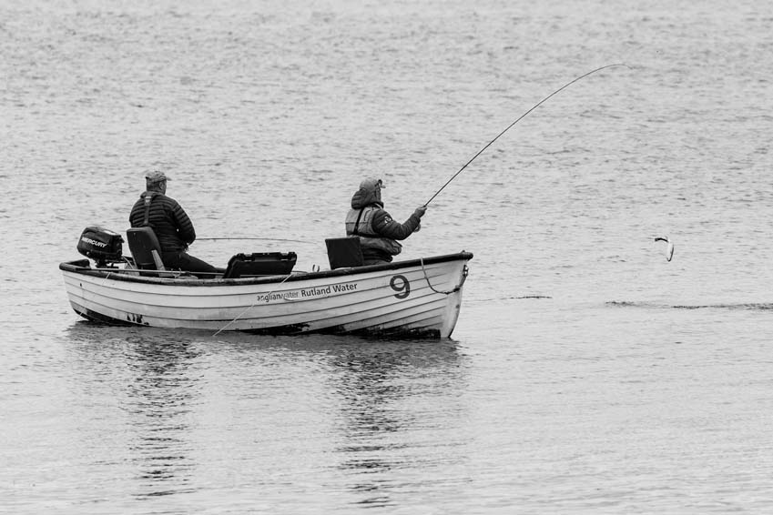Fly Fishing from a boat with a trout caught on the hook at Rutland Water