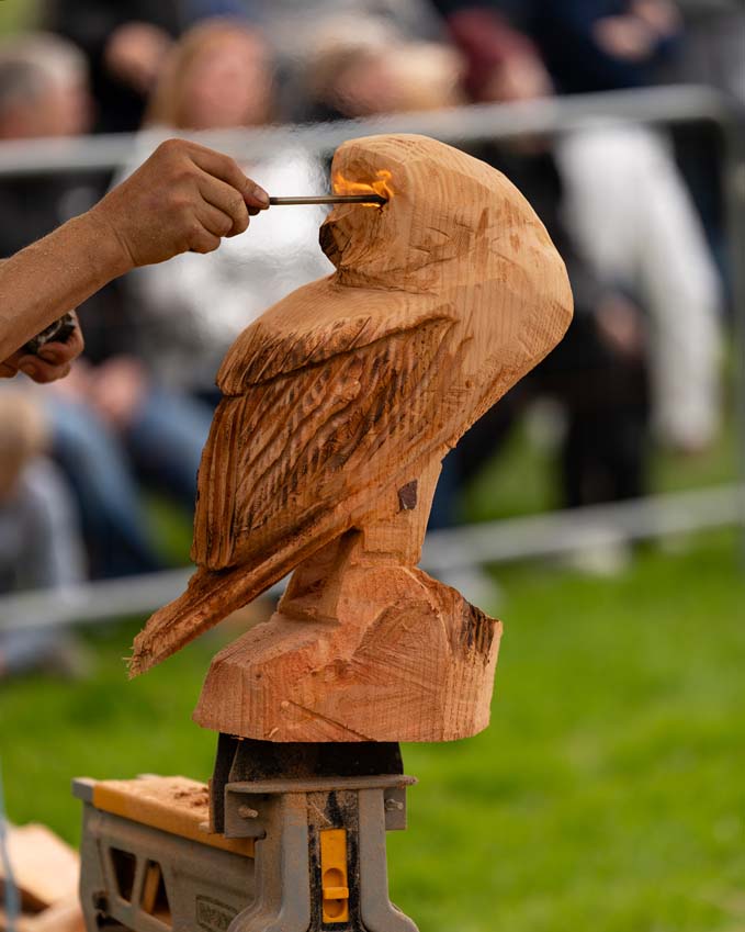 Speed chainsaw owl carving competition at the Burghley Game and Country Fair in Stamford near Rutland